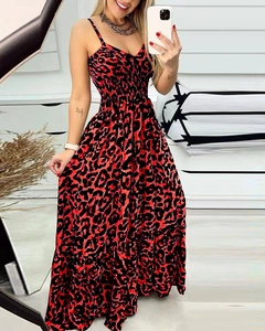Women's summer leopard print maxi dress with smocked bodice and tiered ruffle hem