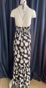 Detail of floral halter maxi dress with white pineapple print and elastic smocked waist