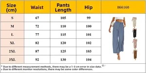 Detailed size chart for high-waisted wide-leg trousers showing waist and hip measurements