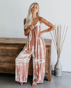 Summer halter tie-dye jumpsuit with wide-leg design and thin straps for beach vacation