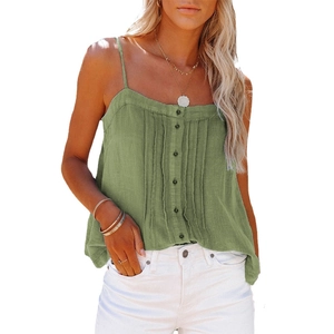 Army green square neck camisole with button details and textured cotton fabric