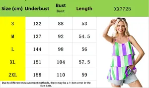 Size chart for women's striped tiered camisole tank top with measurements for S to 2XL