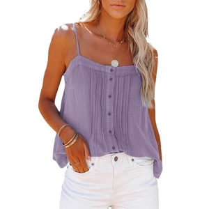 Purple button-down camisole top with vertical pleats and square neck for summer