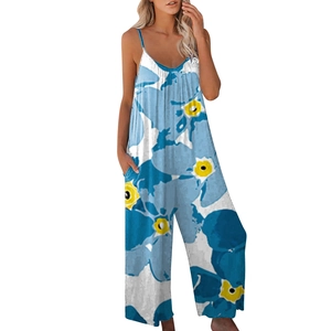 Women's blue floral wide-leg jumpsuit with spaghetti straps and convenient side pockets