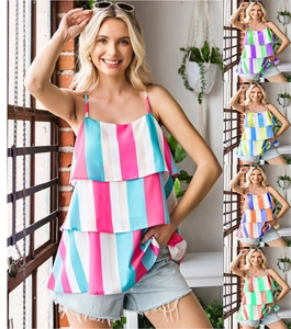 Detailed close-up of multi-layer ruffled tank top with colorful vertical stripes design
