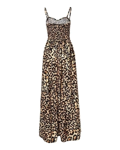 Detail view of the smocked bodice and thin straps on leopard print maxi dress