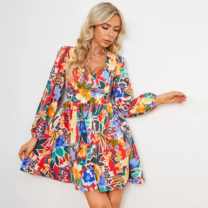 Robe moulante à imprimé floral abstrait avec col en V et manches longues
