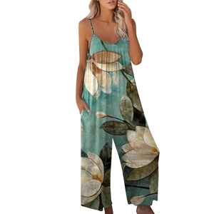 Women's summer V-neck jumpsuit with vintage floral print and wide leg trousers