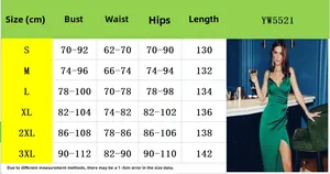 Size chart for green satin slip dress showing bust waist and length measurements