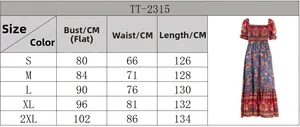 Detailed size chart for Bohemian off-shoulder floral dress showing S to 2XL measurements