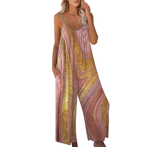 Women's sleeveless jumpsuit with gold and pink marble print and wide leg cut