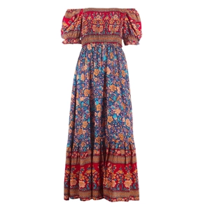 Detail of smocked bodice and puff sleeves on floral bohemian maxi dress for summer