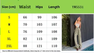 Size chart for women's high-waisted wide-leg pants showing S-2XL measurements in cm