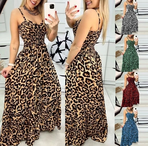 Women's Leopard Print Camisole Maxi Dress V-Neck Smocked High Waist Backless Sexy Summer Beach Vacation Long Dress