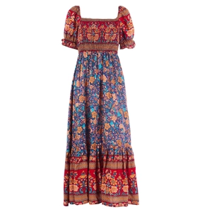 Detail of floral bohemian dress showing smocked waist and puffed sleeve texture