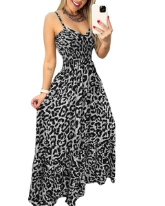 Women's summer leopard print maxi dress with V-neck, thin straps and smocked waist