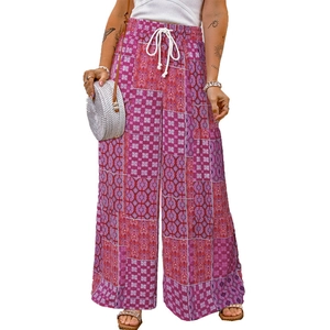 Women's wide leg floral pants with bohemian paisley print and elastic drawstring waist