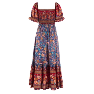 Detail of bohemian floral maxi dress featuring elastic smocking and square neckline design
