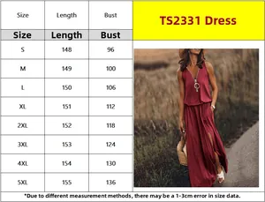 Tableau des tailles pour robe longue sans manches avec mesures de longueur et de buste