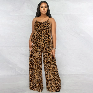 Women's summer leopard print spaghetti strap jumpsuit with wide leg design and side pockets