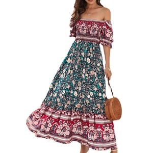 Bohemian floral off-shoulder maxi dress with puff sleeves and A-line tiered skirt