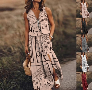 Robe Longue Sans Manches Pour Femmes Col En V Fermeture Éclair Imprimé Lettres Décontracté Taille Moyenne Fente Été
