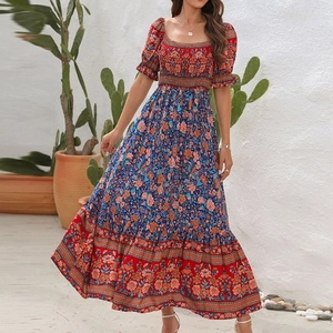 Detail of the smocked bodice and puff sleeves on this bohemian floral maxi dress