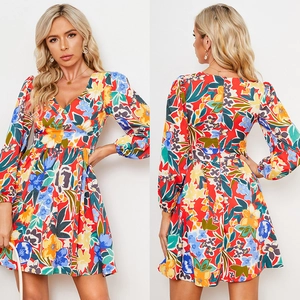 Robe Mini pour Femmes Col en V Manches Longues Imprimé Floral Abstrait Coloré Coupe Ajustée Taille Haute Ligne A Party