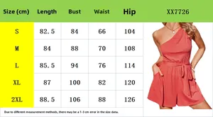Size chart for women off-shoulder romper showing measurements from S to 2XL