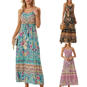 Bohemian Floral Print Maxi Dress For Women V-Neck Spaghetti Strap Tiered Sundress With Tassels Beach Vacation Long Gown