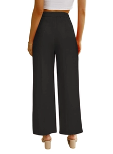 Back view of black high-waisted wide-leg trousers with elastic waistband and pockets