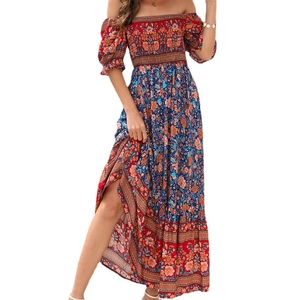 Bohemian Floral Print Maxi Dress Polyester Cotton Blend Off Shoulder Puff Sleeve Smocked Waist Beach Vacation Retro Long Dress