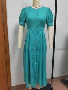 Detail of tiffany blue puff sleeve dress with white buttons and cinched waistline