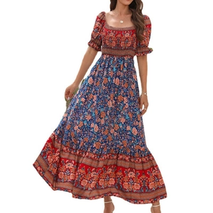 Bohemian floral maxi dress with off-shoulder puff sleeves and smocked waist detail