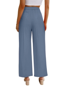 Rear view of light blue high-waisted wide-leg trousers with pressed crease and elastic waist