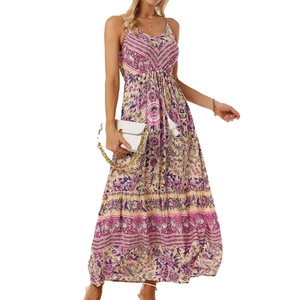 Bohemian floral maxi dress with adjustable waist and spaghetti straps on white background