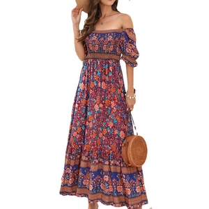 Blue off-shoulder bohemian floral maxi dress with smocked waist and puffed sleeves