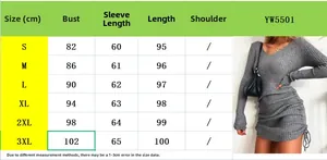 Size chart for V-neck long sleeve knit dress with measurements for S to 3XL sizes