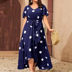 Abito Donna Taglie Forti Scollo a V Pois Casual Estate Chiffon Manica a Volant Orlo Irregolare Laccio in Vita Elegante Abito Midi