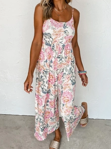 Detail of high waisted floral wide leg jumpsuit with pink and blue floral print
