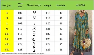 Tableau des tailles pour robe à fleurs col V avec mesures de buste et longueur S à 5XL