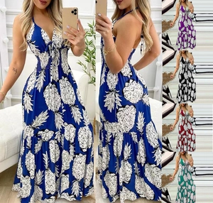 Women Pineapple Print Halter Maxi Dress V Neck Smocked Waist Sleeveless Summer Vacation Tiered Hem Long Sundress