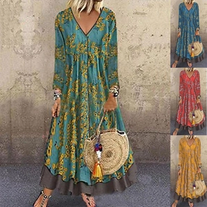 Robe Maxi pour Femmes Col en V Manches 3/4 Bohême Imprimé Floral Vintage Faux Deux Pièces Décontracté Mélange de Coton