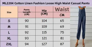 Tabella taglie per pantaloni larghi da donna in cotone e lino a vita alta S-2XL