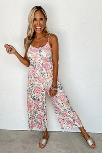 Full body view of summer floral wide leg jumpsuit with spaghetti straps and open back