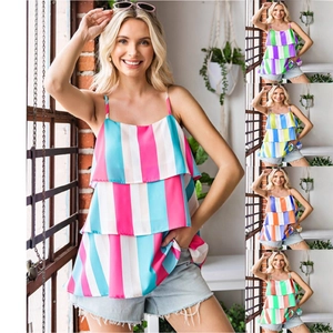 Women Summer Striped Print Tiered Cami Top Sexy Sleeveless Layered Tank Top Casual Streetwear Beach Ruffle Tank Top