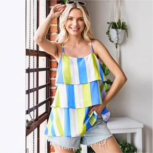 Women's summer striped camisole featuring vibrant tiered ruffles and slim straps