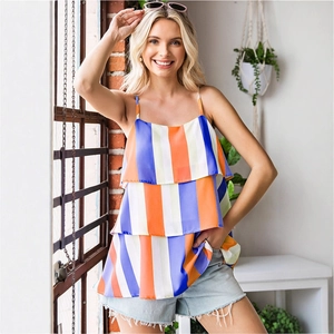 Women's summer tiered camisole featuring colorful vertical stripes and a layered ruffle design