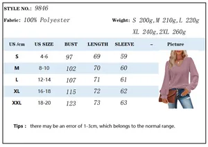 Size chart for V-neck long sleeve top with detailed US measurements and polyester fabric specs