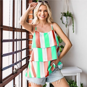 Women's 2025 summer striped layered camisole top with vibrant ruffles and slim straps